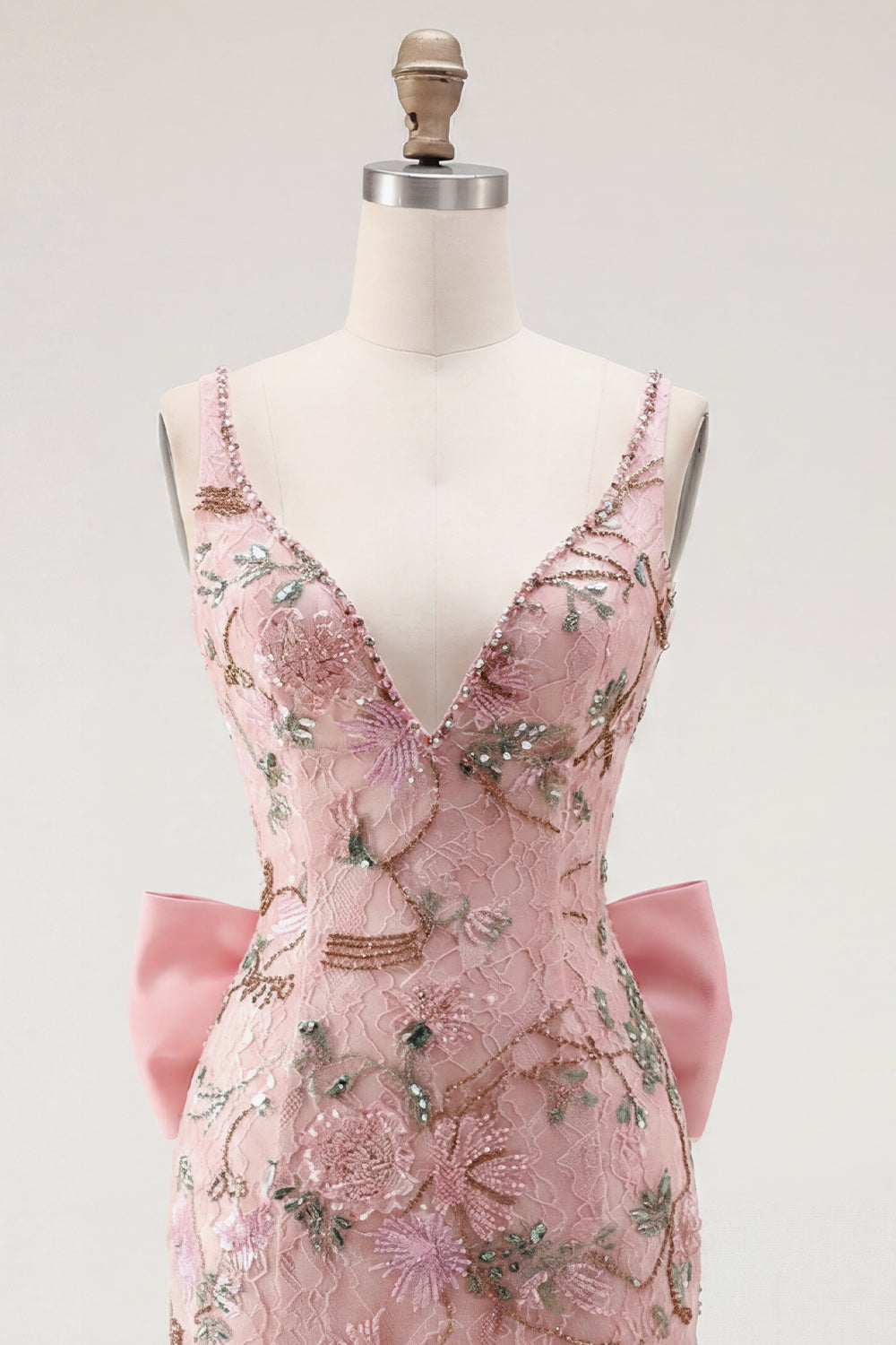 Sparkly Beaded Pink Floral Tight Short V-Neck Homecoming Dress with Bow