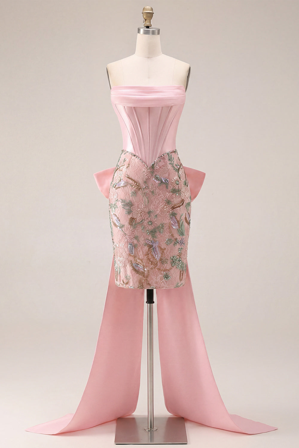 Sparkly Pink Floral Corset Beaded Tight Short Homecoming Dress with Bow