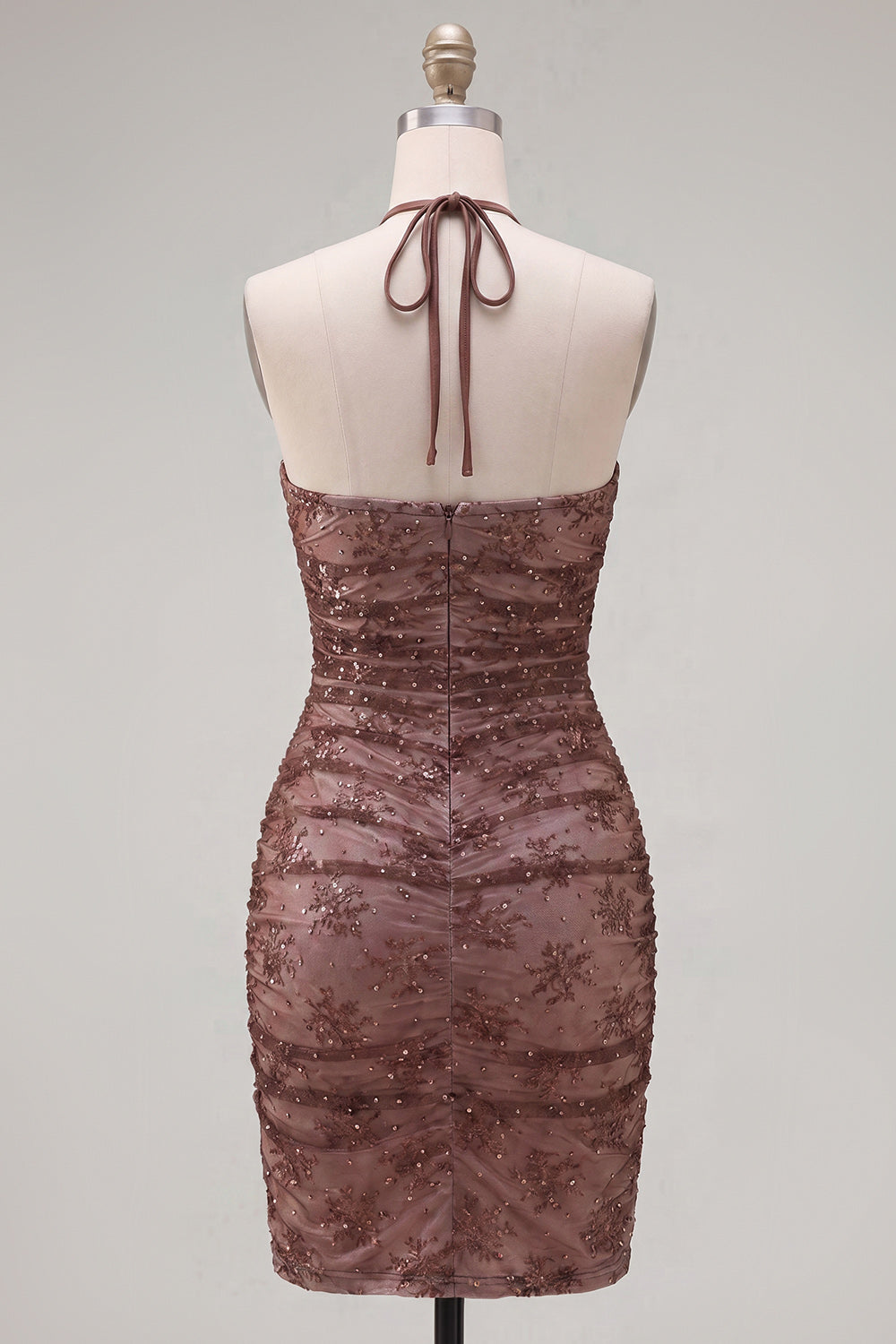 Chocolate Halter Ruched Tight Short Homecoming Dress with Beading