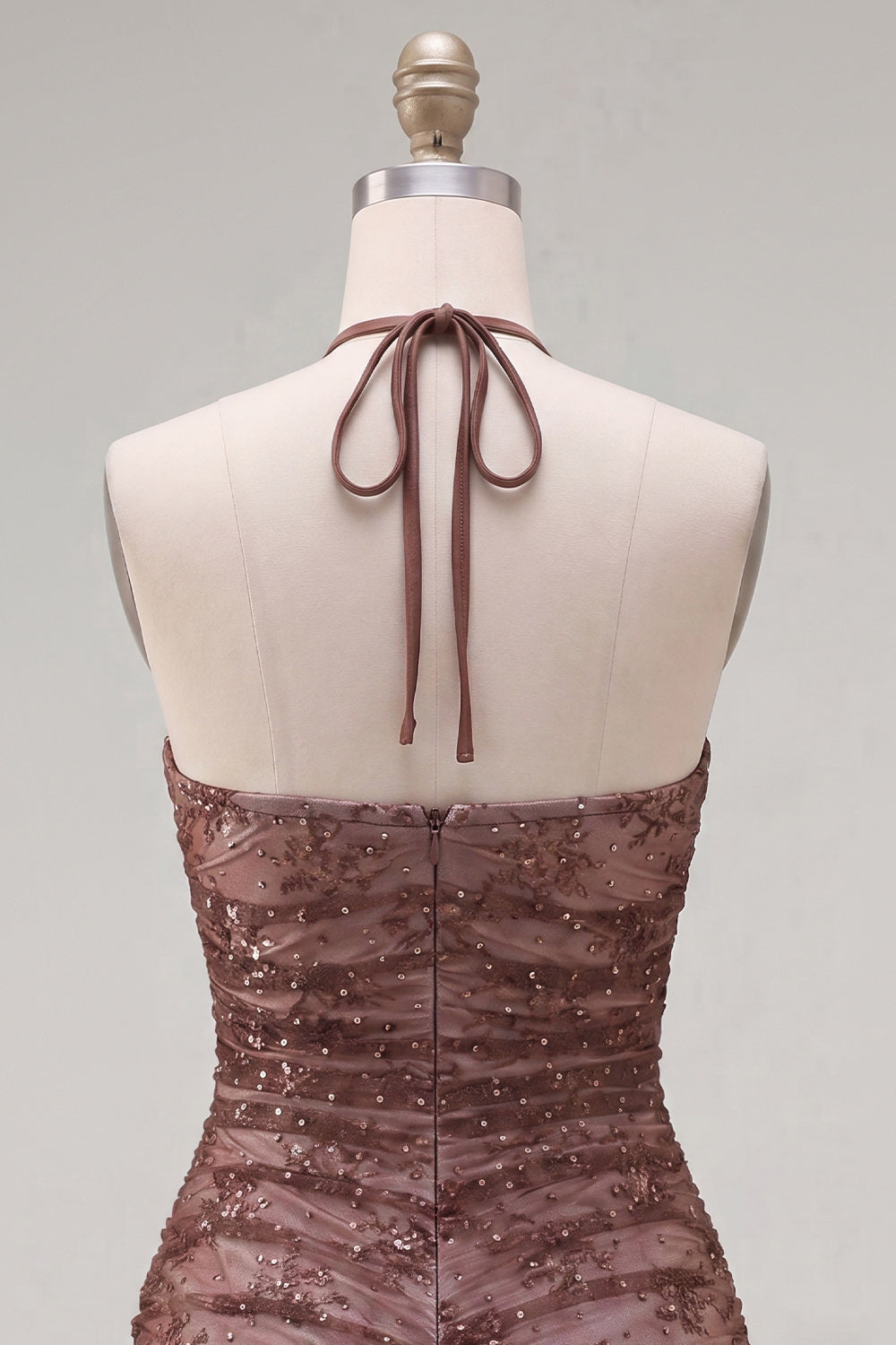 Chocolate Halter Ruched Tight Short Homecoming Dress with Beading
