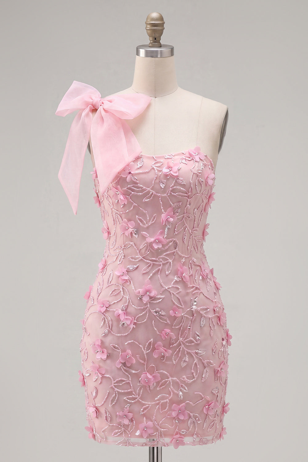 Beaded Sparkly Tight Pink Floral Short Homecoming Dress with Bow
