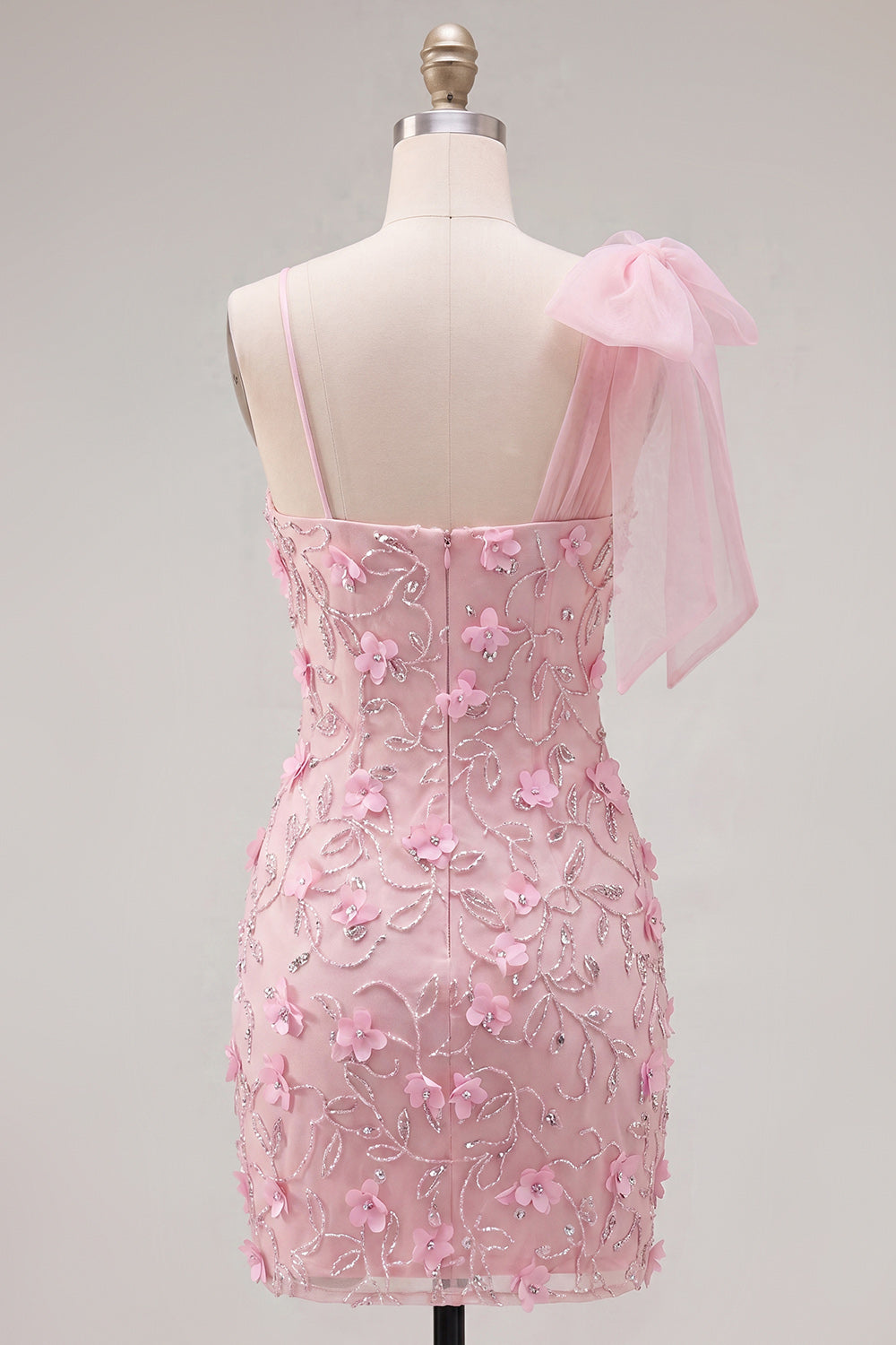 Beaded Sparkly Tight Pink Floral Short Homecoming Dress with Bow