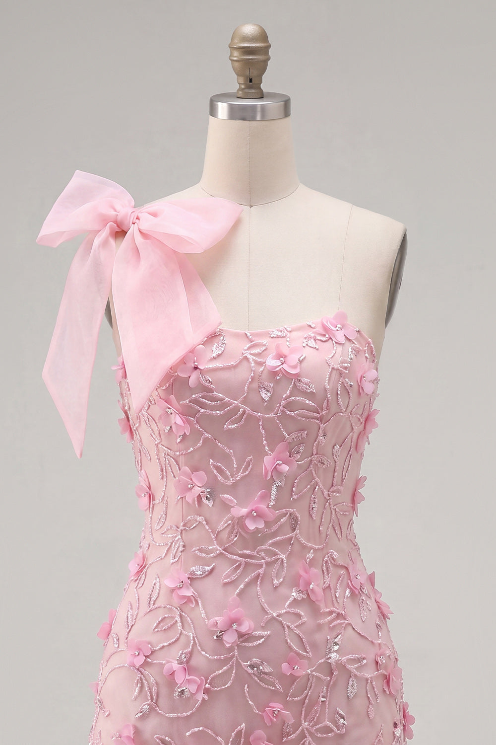 Beaded Sparkly Tight Pink Floral Short Homecoming Dress with Bow
