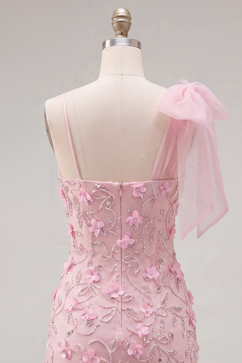 Beaded Sparkly Tight Pink Floral Short Homecoming Dress with Bow