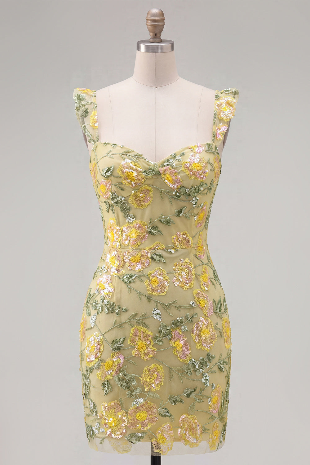 Sparkly Yellow Floral Beaded Tight Short Homecoming Dress