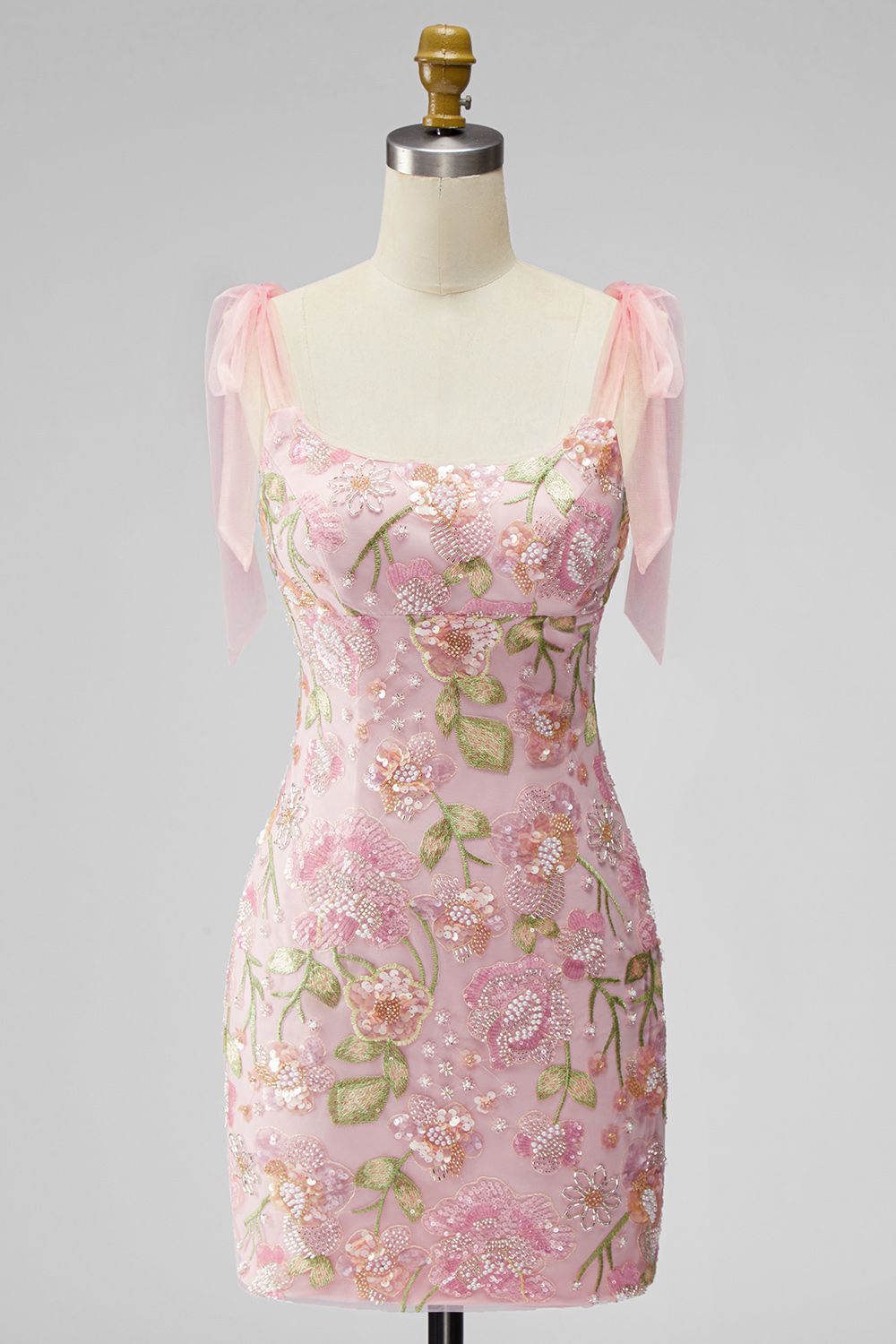 Tight Short Beaded Sparkly Floral Pink Homecoming Dress with Bows