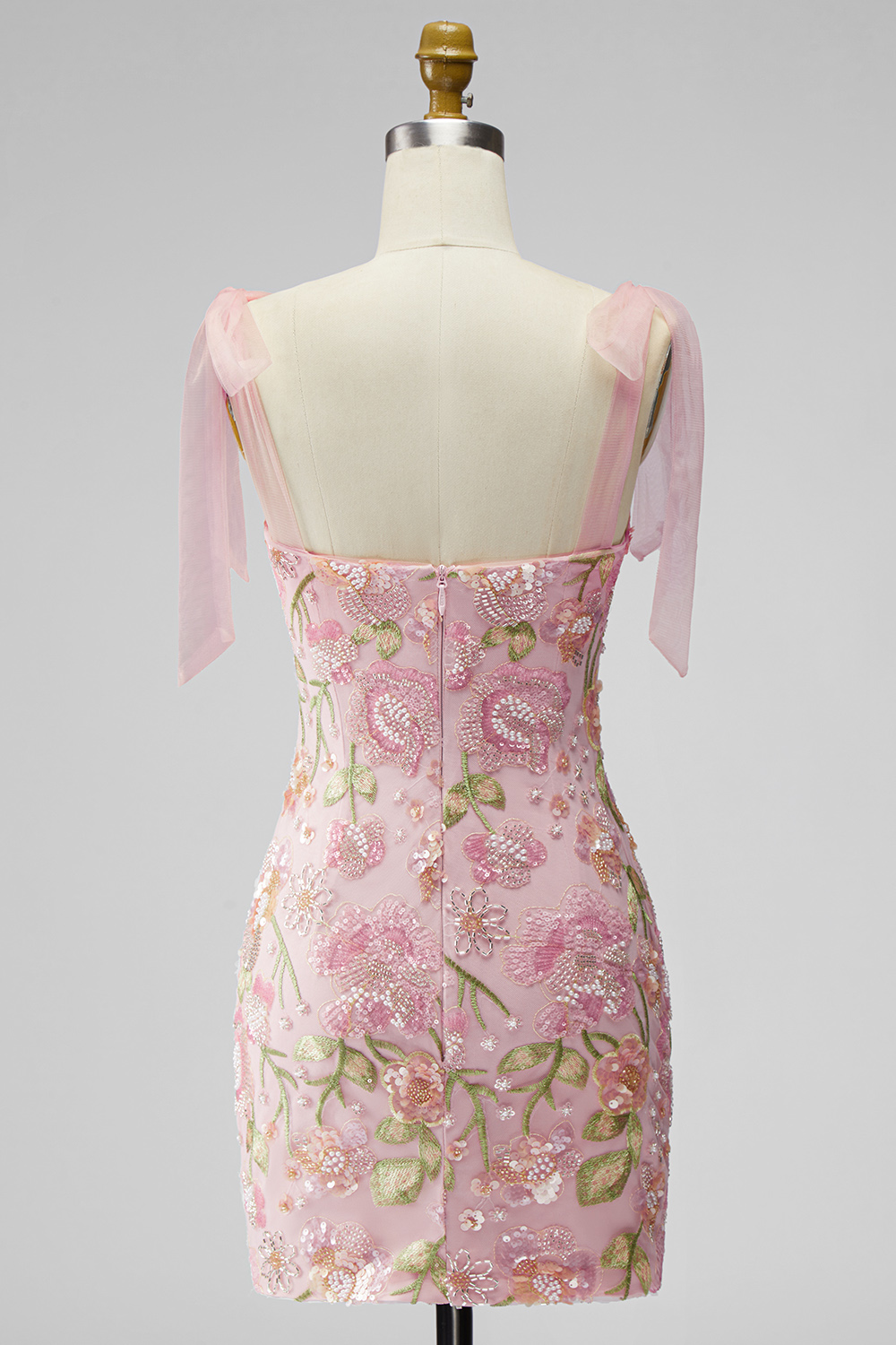 Tight Short Beaded Sparkly Floral Pink Homecoming Dress with Bows