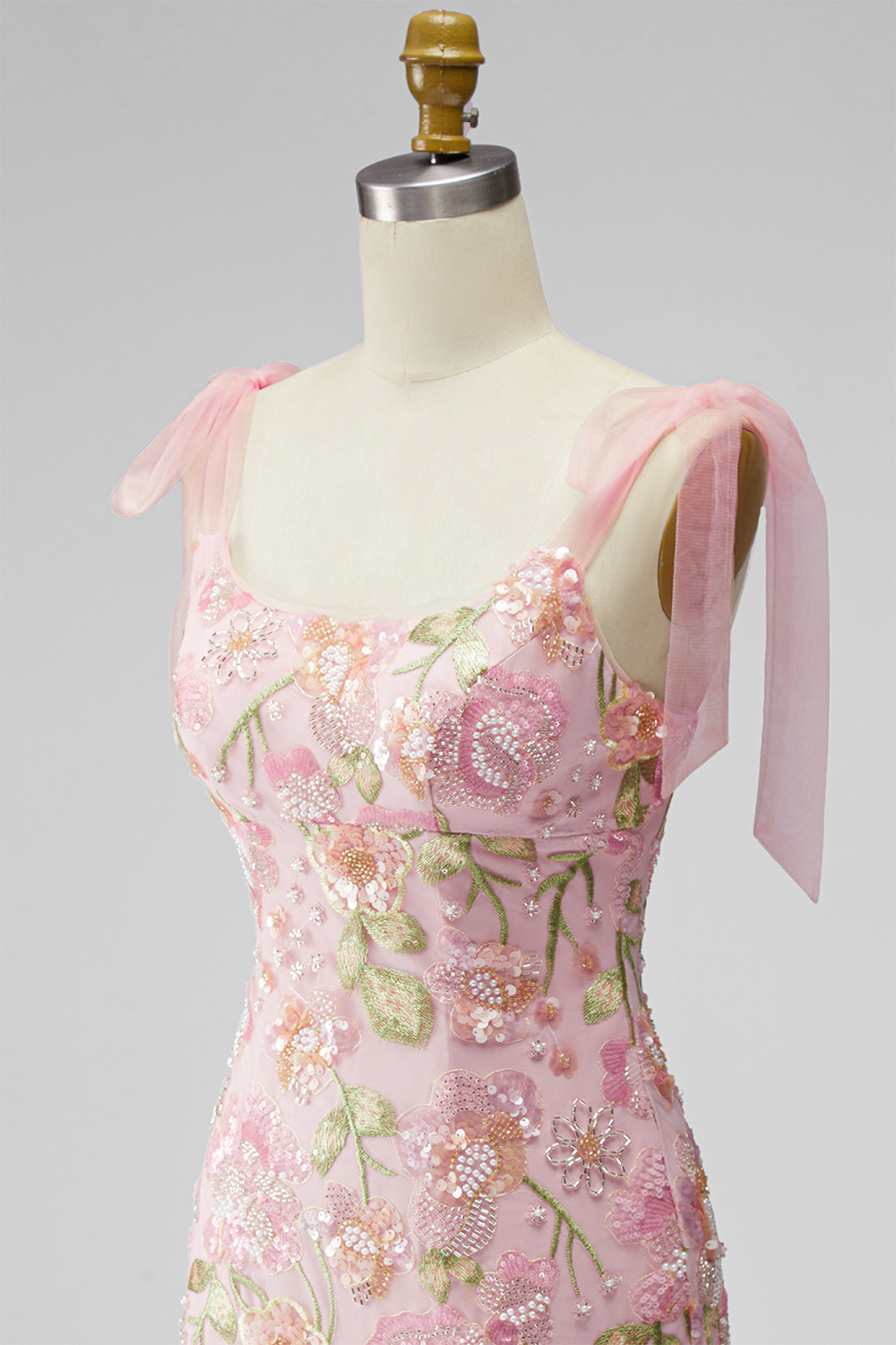 Tight Short Beaded Sparkly Floral Pink Homecoming Dress with Bows