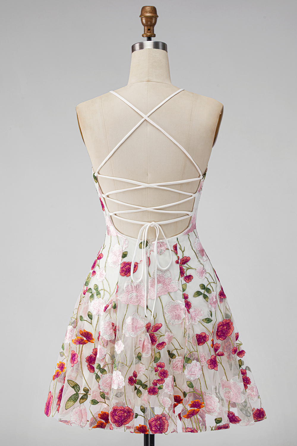 Pink Red Flower Spaghetti Straps Short A Line Homecoming Dress