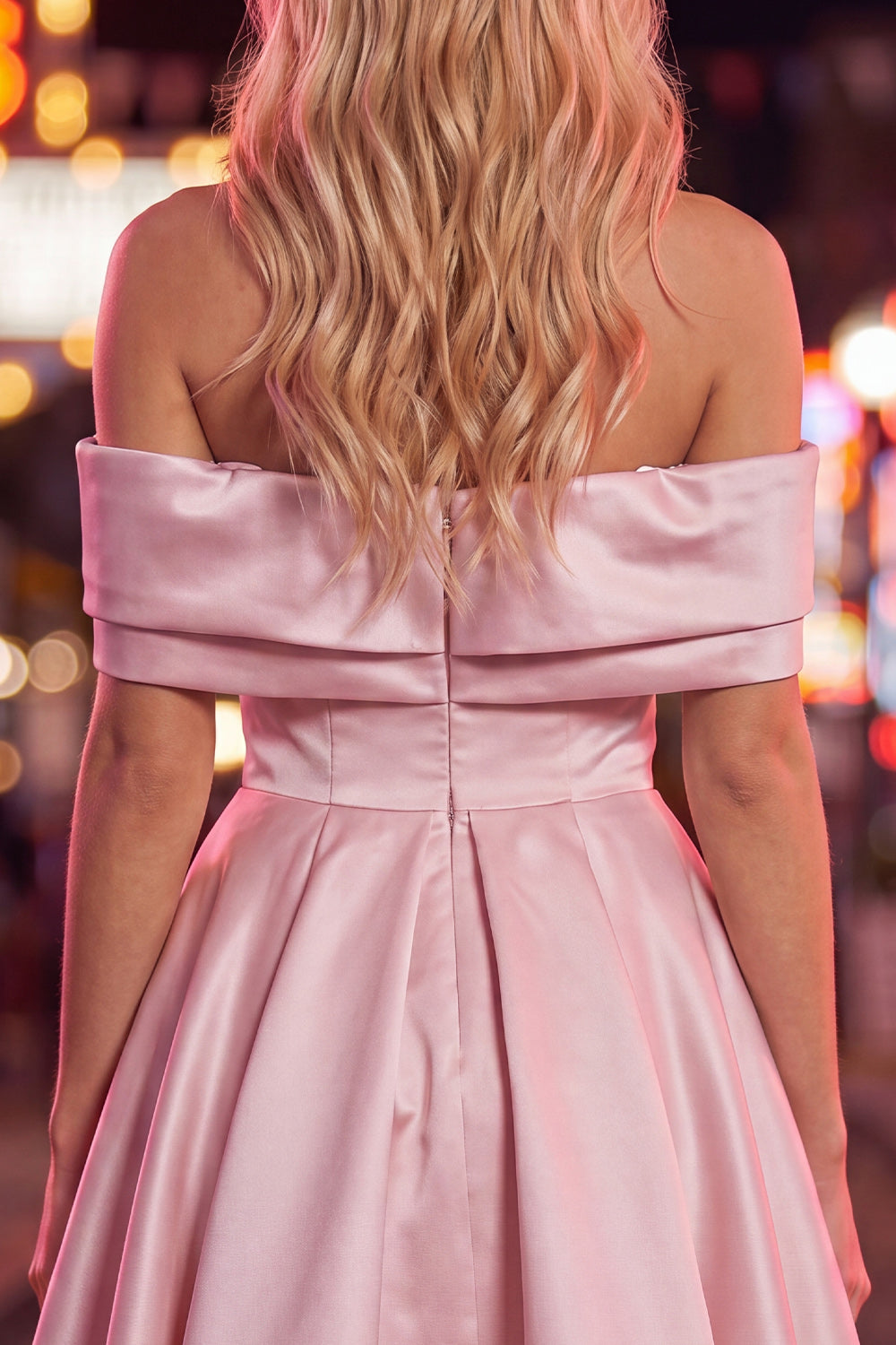 Pink Satin Short Off The Shoulder A-Line 80s Homecoming Dress