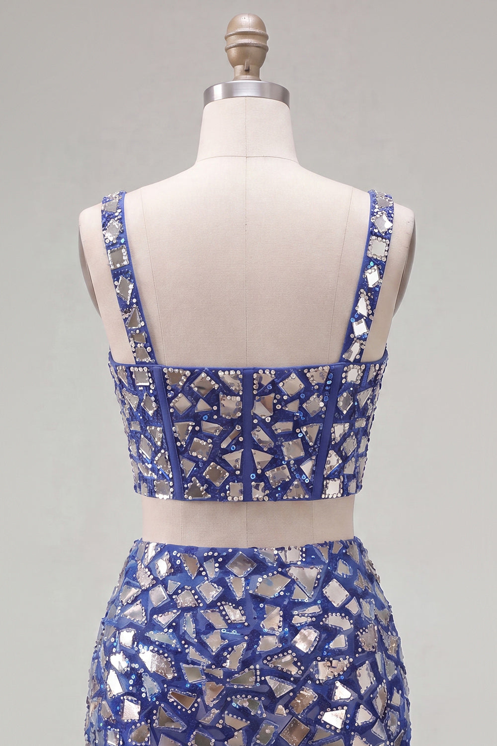 2 Piece Sparkly Dark Blue Mirror Tight Short Corset Homecoming Dress