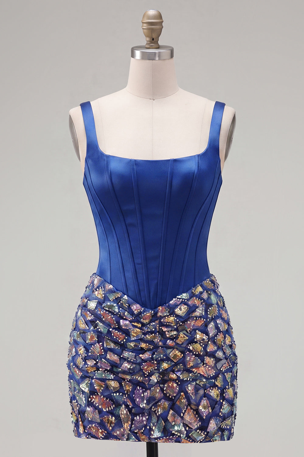 Sparkly Mirror Dark Blue Beaded Tight Short Corset Homecoming Dress