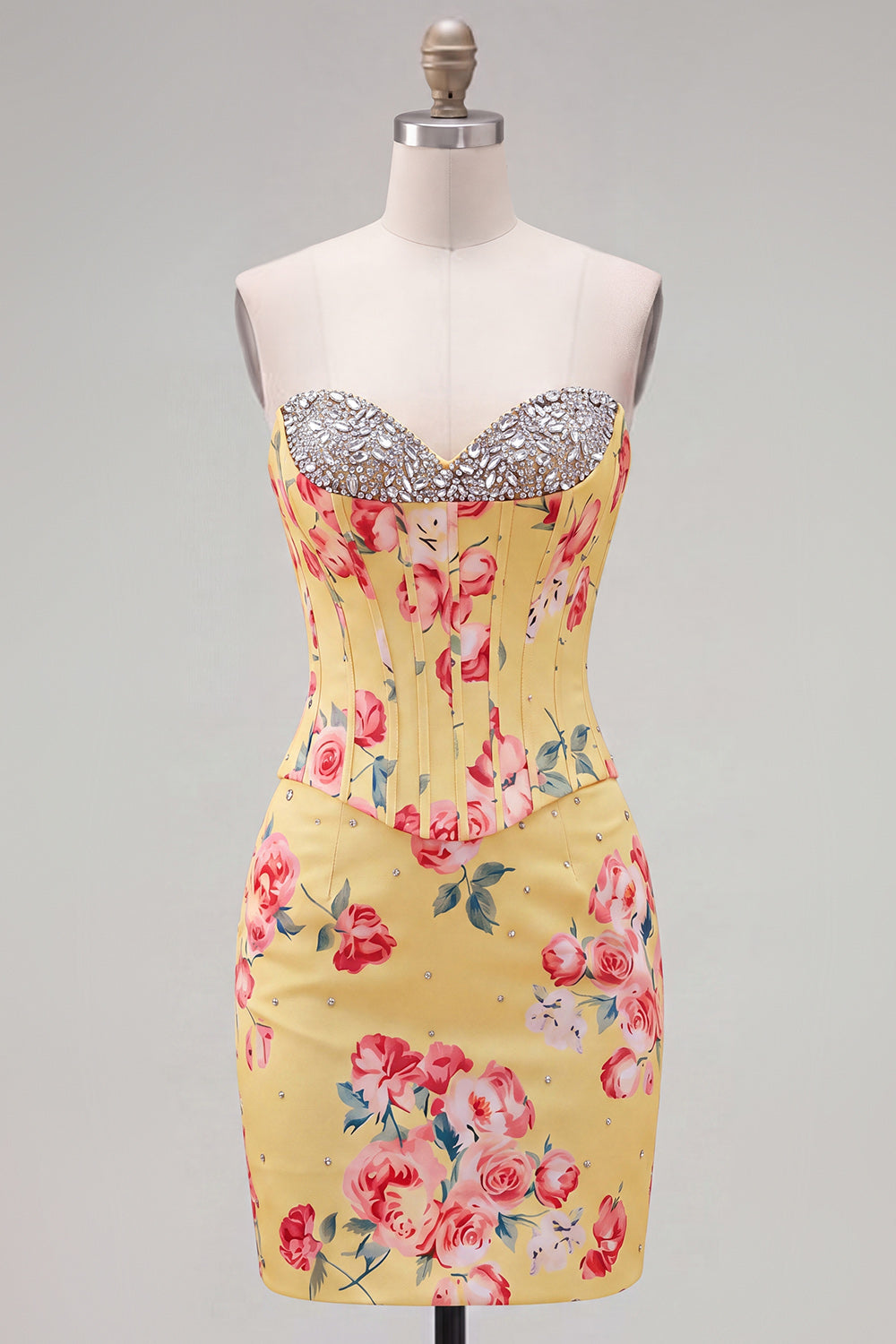 Floral Sparkly Yellow Beaded Tight Short Corset Homecoming Dress