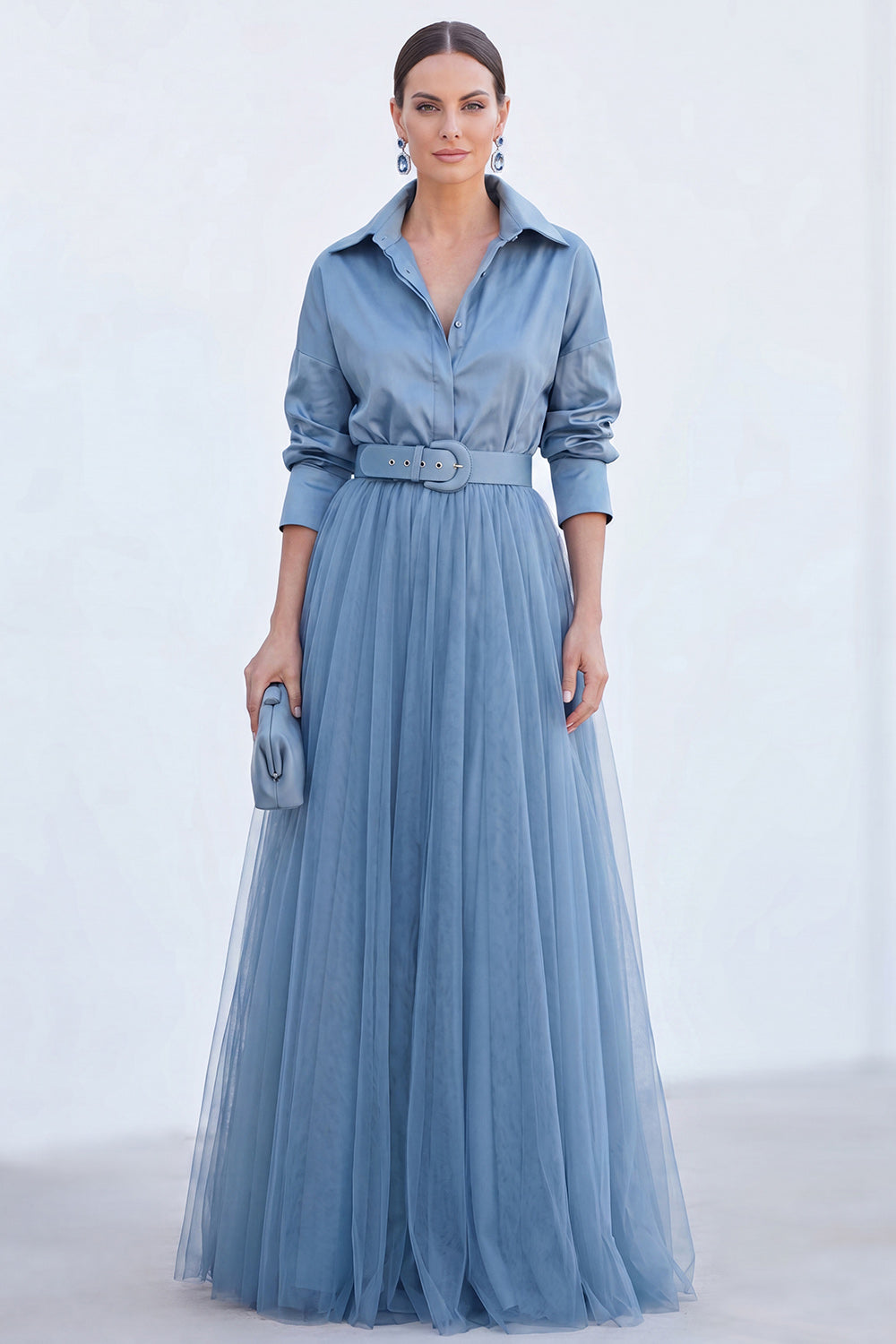Navy A Line Long Sleeves Tulle Mother of the Bride Dress with Belt
