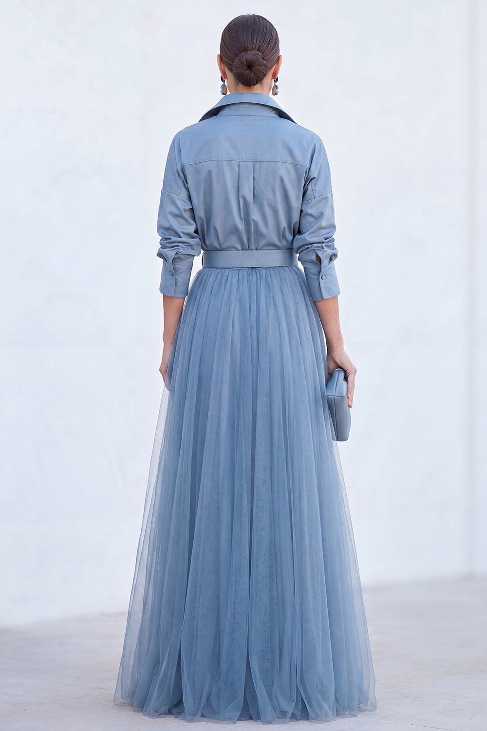 Navy A Line Long Sleeves Tulle Mother of the Bride Dress with Belt