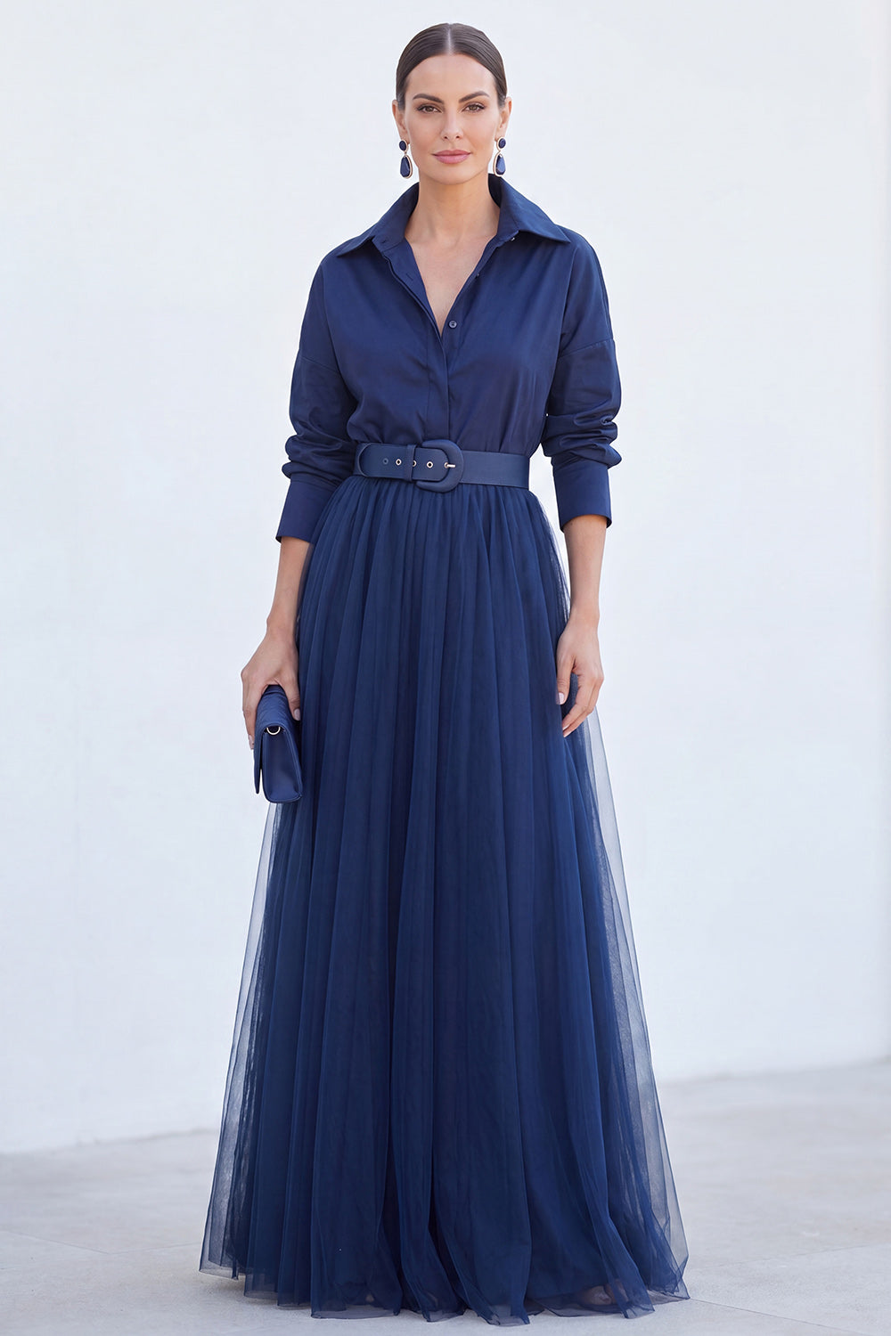 Navy A Line Long Sleeves Tulle Mother of the Bride Dress with Belt