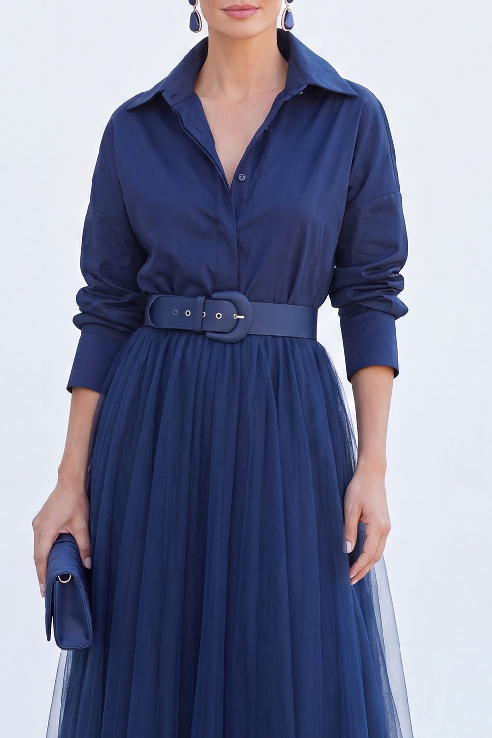 Navy A Line Long Sleeves Tulle Mother of the Bride Dress with Belt