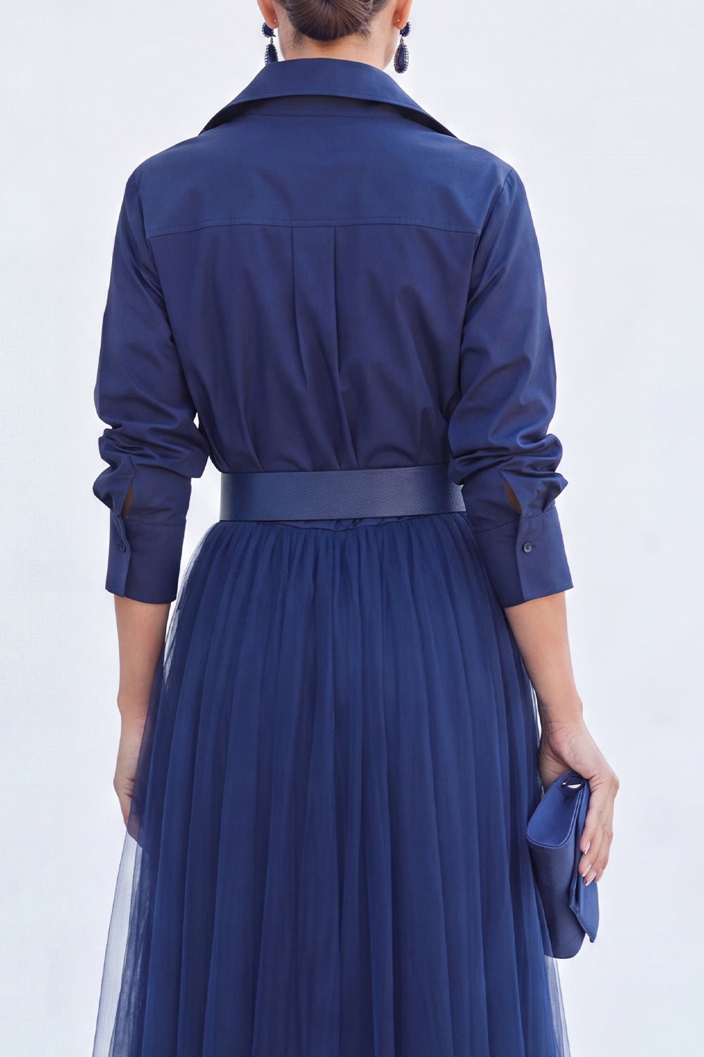 Navy A Line Long Sleeves Tulle Mother of the Bride Dress with Belt