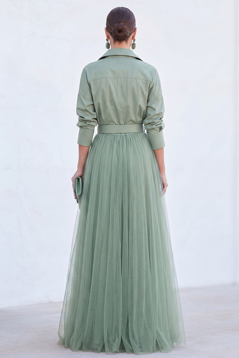 Navy A Line Long Sleeves Tulle Mother of the Bride Dress with Belt