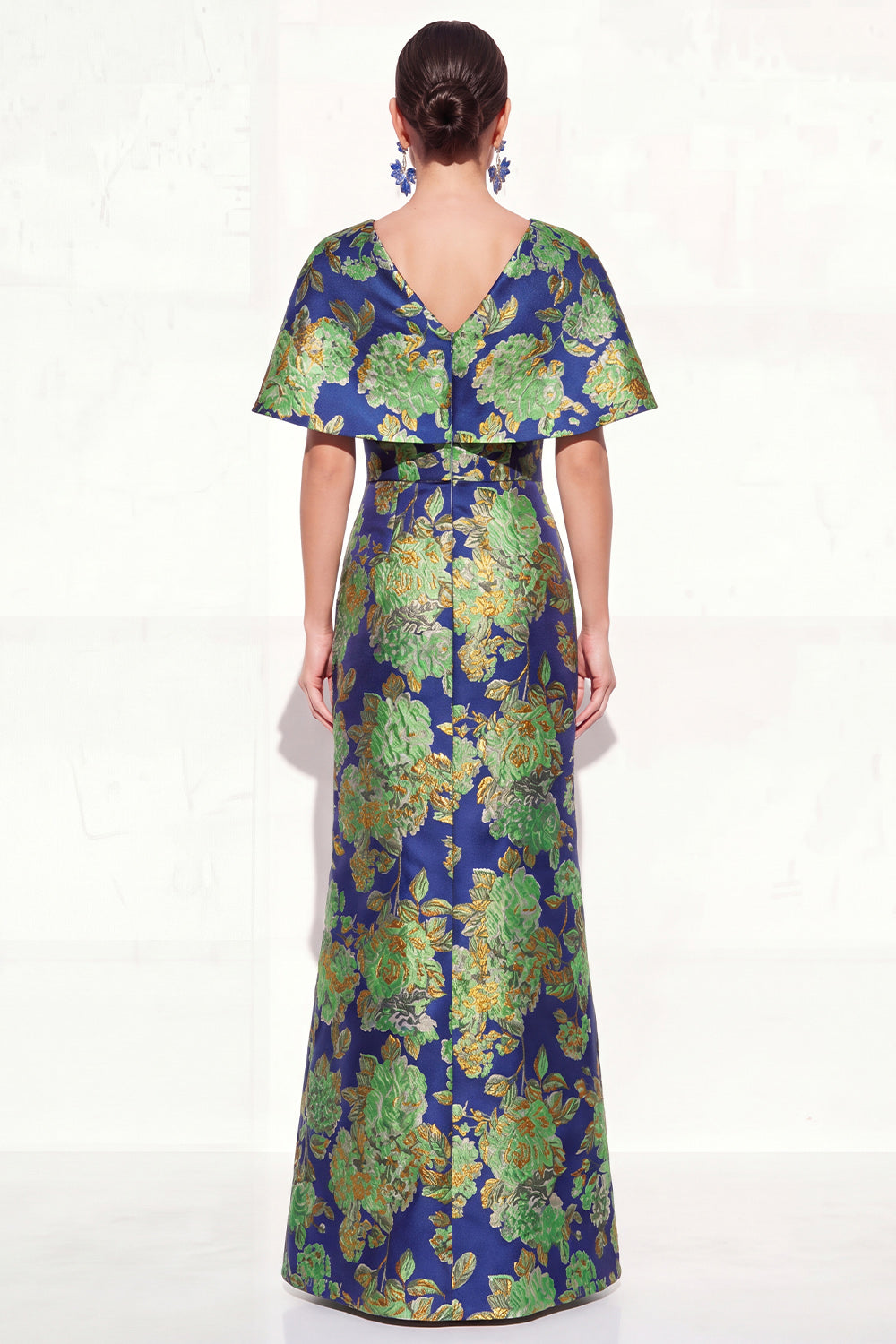 Long Floral Navy Green V-Neck Mother of the Bride Dress with Sleeves