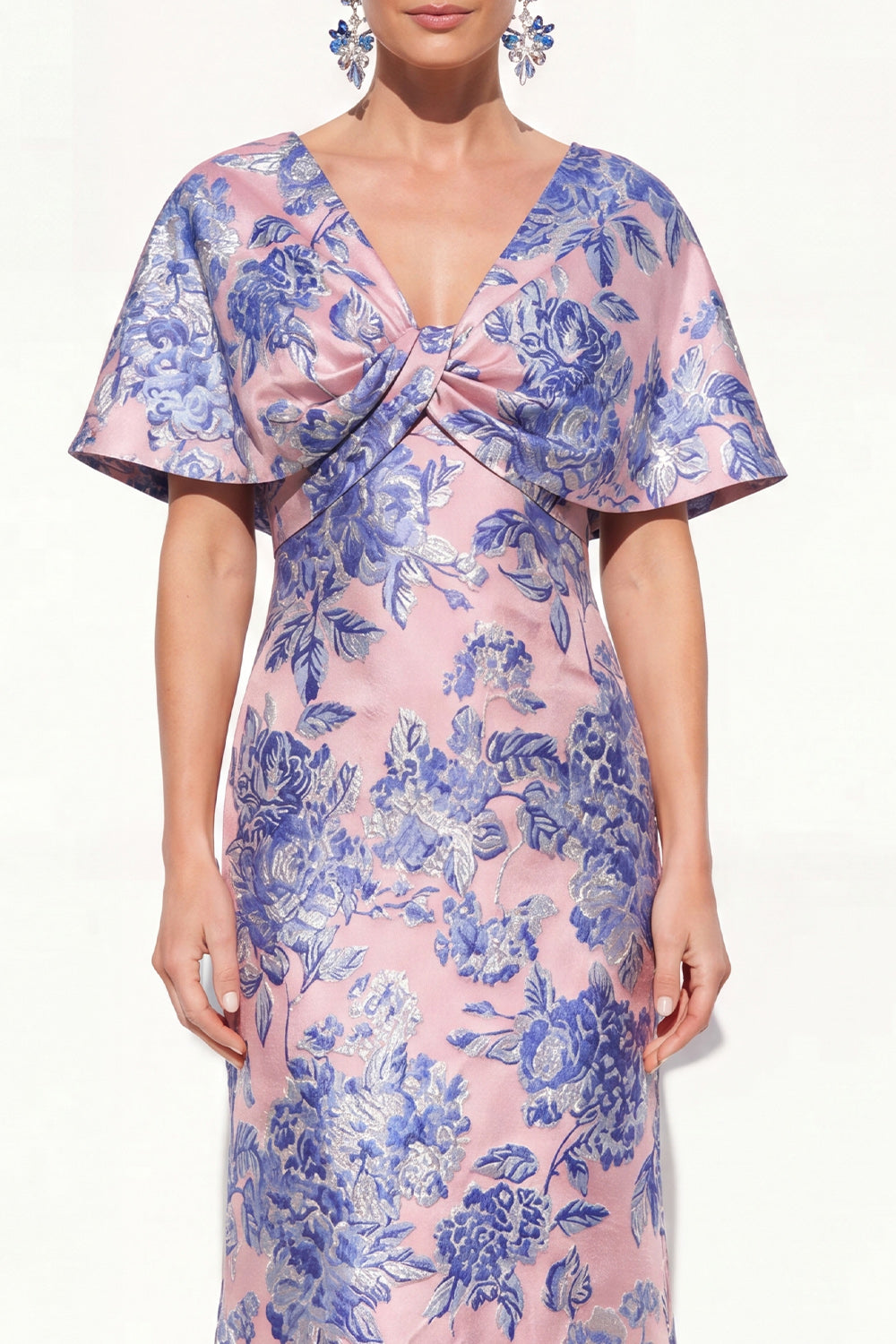 Long Floral Navy Green V-Neck Mother of the Bride Dress with Sleeves