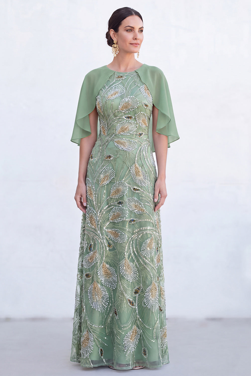Long Sparkly Floral Light Blue Boat Neck Mother of the Bride Dress with Cape