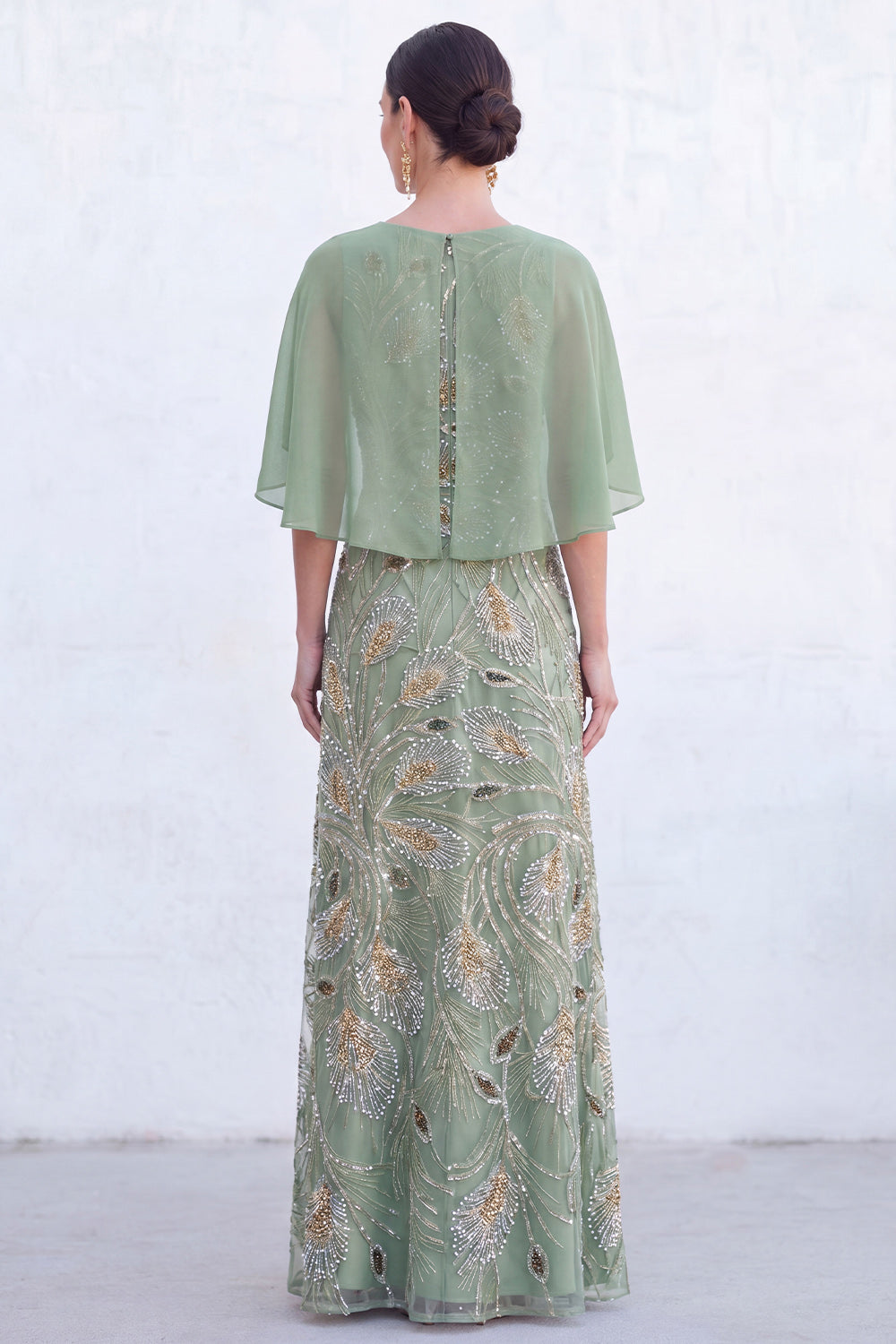 Long Sparkly Floral Light Blue Boat Neck Mother of the Bride Dress with Cape