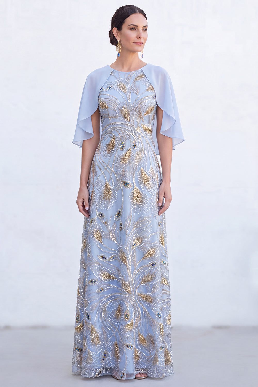 Long Sparkly Floral Light Blue Boat Neck Mother of the Bride Dress with Cape