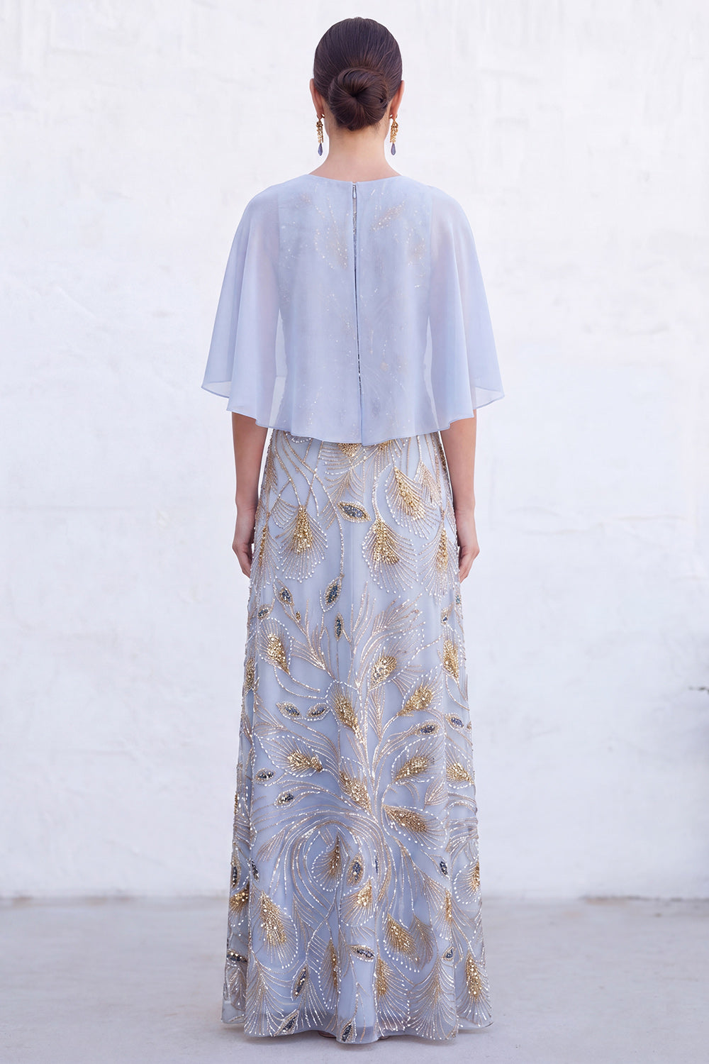 Long Sparkly Floral Light Blue Boat Neck Mother of the Bride Dress with Cape