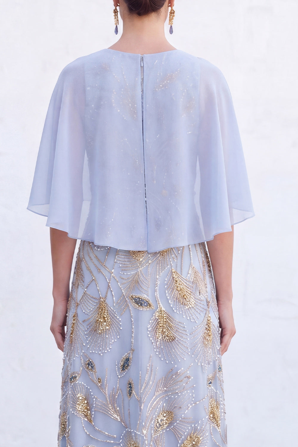 Long Sparkly Floral Light Blue Boat Neck Mother of the Bride Dress with Cape
