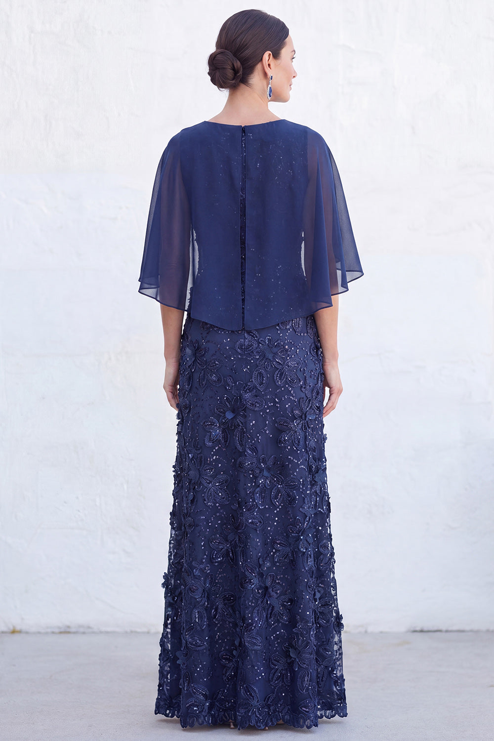 Long Sparkly Floral Light Blue Boat Neck Mother of the Bride Dress with Cape