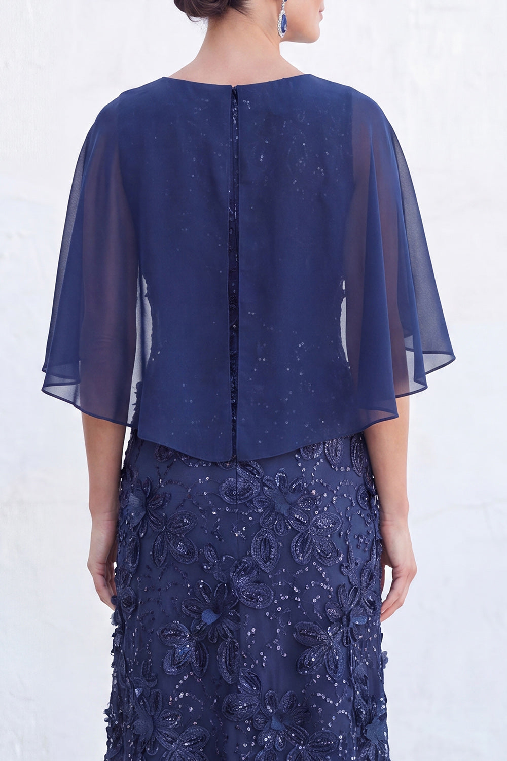 Long Sparkly Floral Light Blue Boat Neck Mother of the Bride Dress with Cape