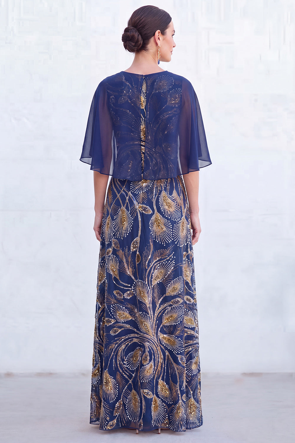Long Sparkly Floral Light Blue Boat Neck Mother of the Bride Dress with Cape