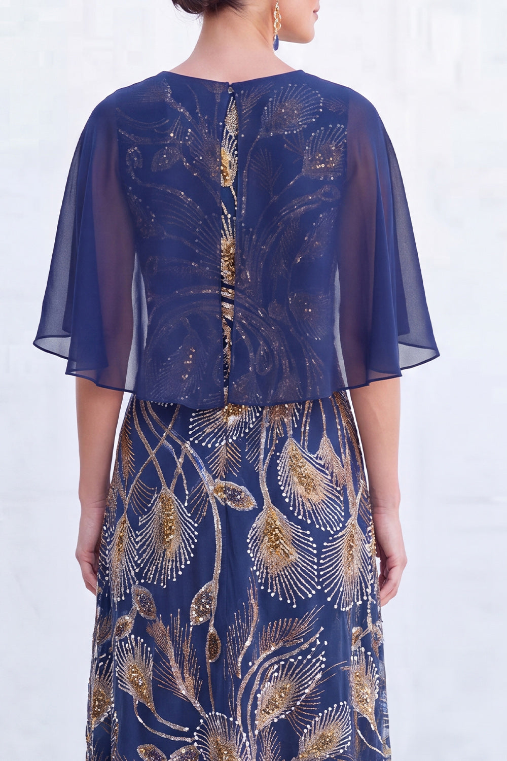 Long Sparkly Floral Light Blue Boat Neck Mother of the Bride Dress with Cape