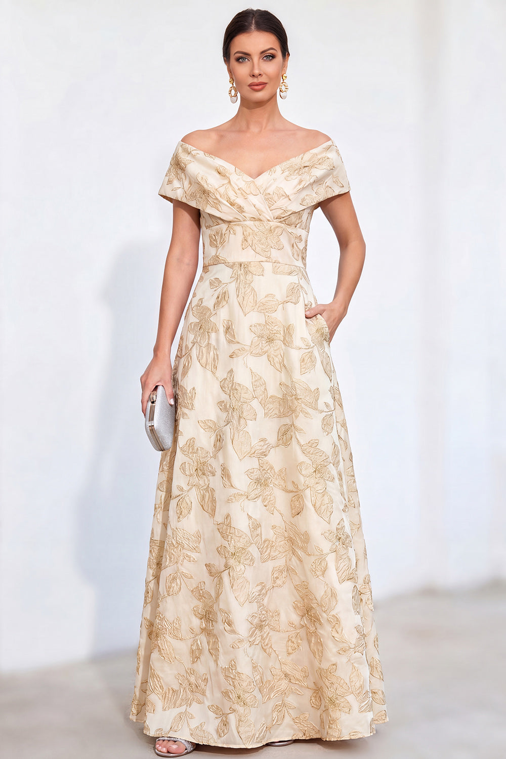 Red Jacquard Off The Shoulder Long Mother of the Bride Dress with Pockets