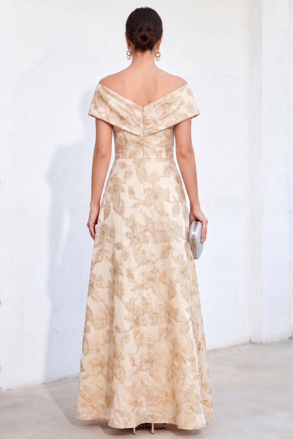 Red Jacquard Off The Shoulder Long Mother of the Bride Dress with Pockets