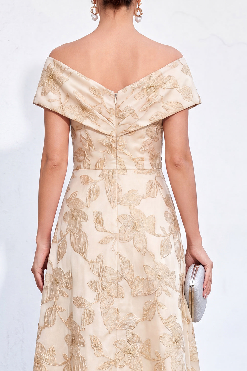 Red Jacquard Off The Shoulder Long Mother of the Bride Dress with Pockets