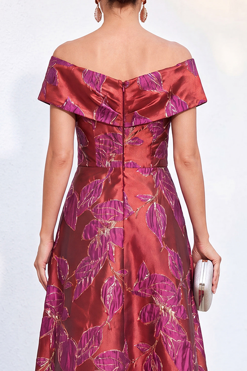 Red Jacquard Off The Shoulder Long Mother of the Bride Dress with Pockets