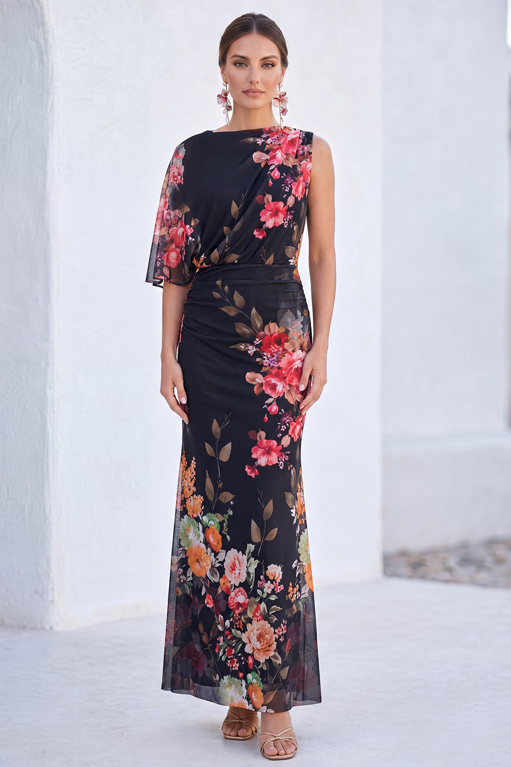 Mermaid Red Flower Boat Neck Long Mother of the Bride Dress with Sleeve