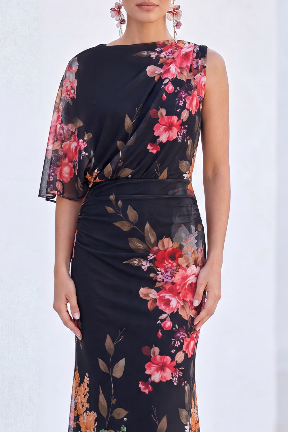 Mermaid Red Flower Boat Neck Long Mother of the Bride Dress with Sleeve