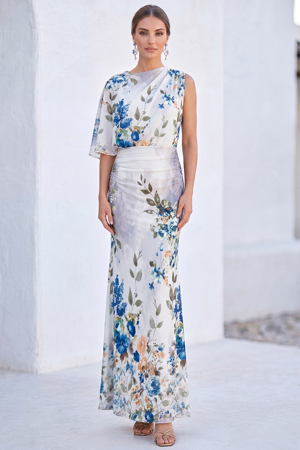 Mermaid Red Flower Boat Neck Long Mother of the Bride Dress with Sleeve