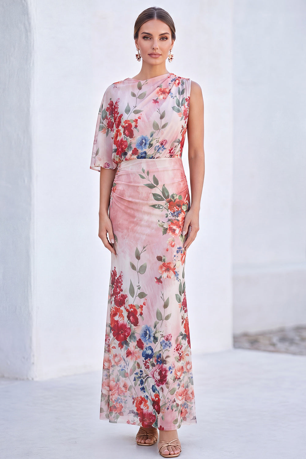 Mermaid Red Flower Boat Neck Long Mother of the Bride Dress with Sleeve