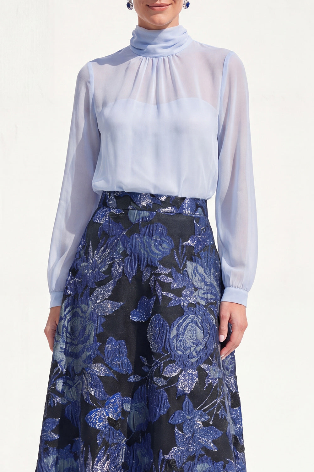 Floral High Neck Blue A Line Long Mother of the Bride Dress with Sleeves