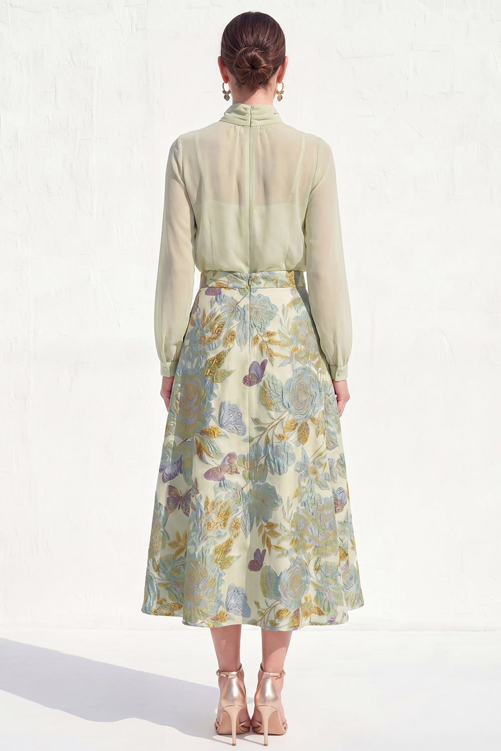 Floral High Neck Blue A Line Long Mother of the Bride Dress with Sleeves