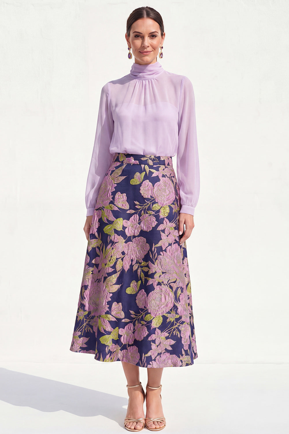 Floral High Neck Blue A Line Long Mother of the Bride Dress with Sleeves