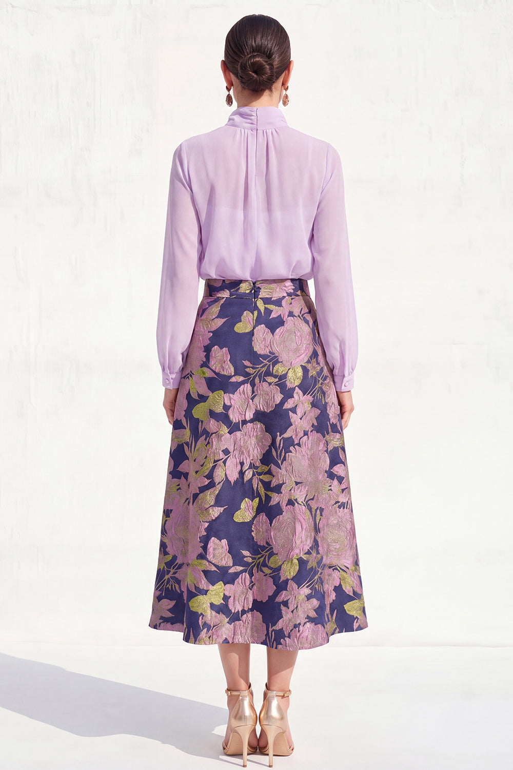 Floral High Neck Blue A Line Long Mother of the Bride Dress with Sleeves