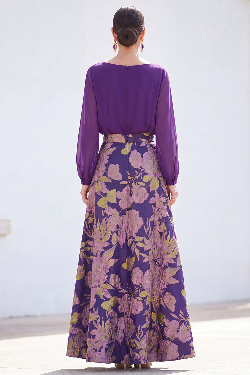 Long Boat Neck Dark Purple Floral A Line Mother of the Bride Dress with Sleeves