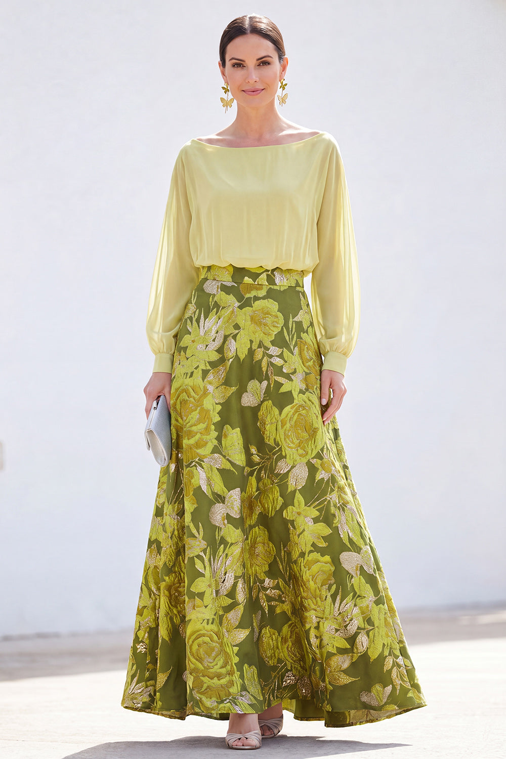 Long Boat Neck Dark Purple Floral A Line Mother of the Bride Dress with Sleeves