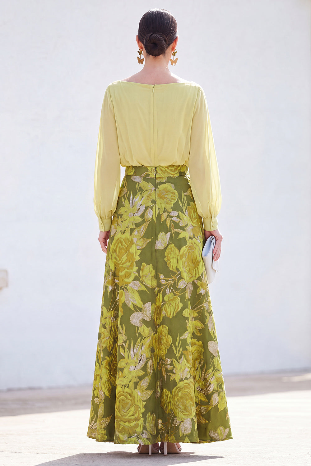 Long Boat Neck Dark Purple Floral A Line Mother of the Bride Dress with Sleeves