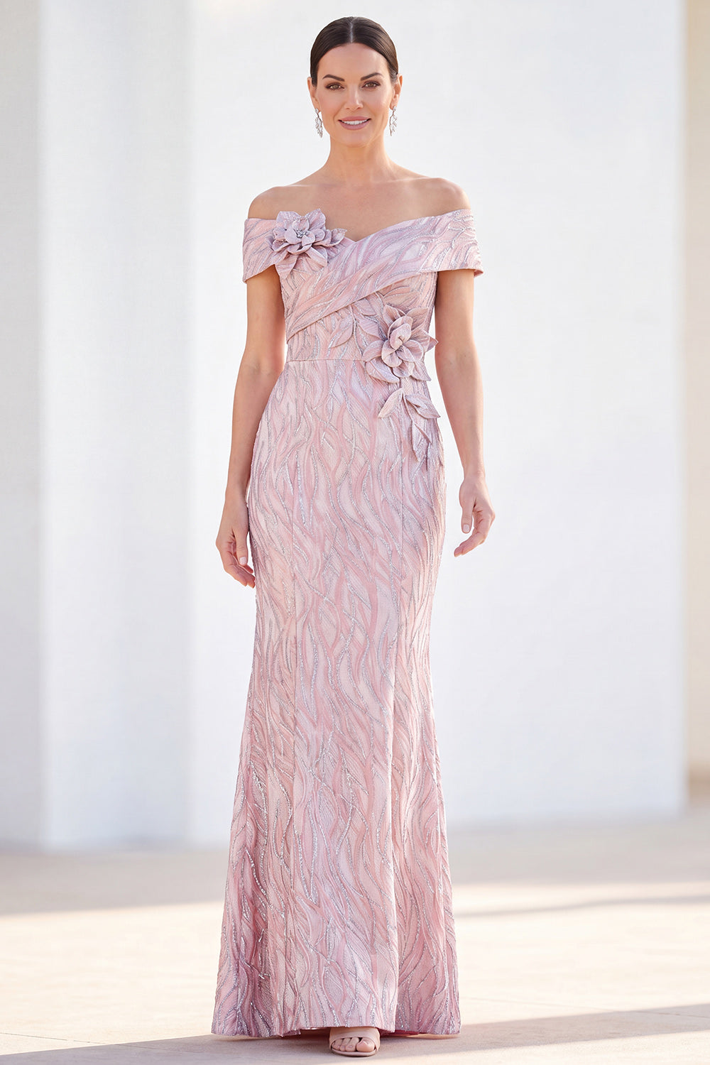 Mermaid Sparkly Pink Sequin Long Monther of the Bride Dress with 3D Flowers